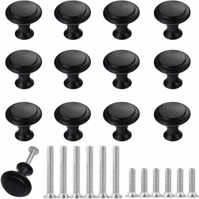 12PCS Cabinet Knobs Black Cabinet Pulls Cabinet Knobs Inway Round Drawer Knobs Cabinet Hardware With Screws For Kitchen Bedroom Furniture