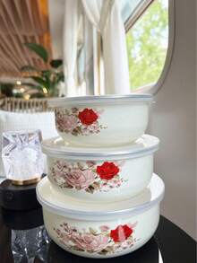 3个便携式午餐盒，适用于新鲜蔬果、冷冻食品、洗碗机适用午餐碗，带盖；时尚搪瓷碗，适用于汤、沙拉等。