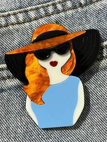 1pc Bohemian Style Acrylic Brooch, Handmade Elegant Lady Brooch With Cartoon Character Wearing Hat And Sunglasses, Creative Birthday Gift For Friends