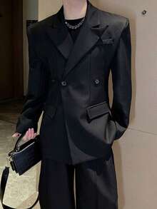 High-End French Waist-Cinching Three-Dimensional Silhouette Black Padded Shoulder Suit Jacket For Men, Autumn Fashion Casual Suit - 黑色 - 查看 1