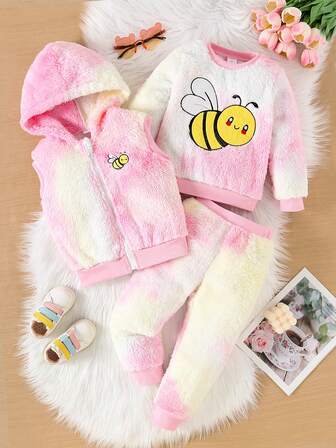 3件套女童休闲蜜蜂刺绣连帽背心+蜜蜂刺绣长袖上衣+随机裁剪长裤户外套装，秋冬款