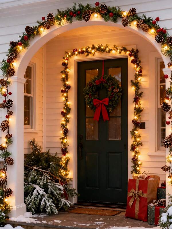 1pc Christmas Decoration String Lights, Artificial Snow Flake & Pine Cone Decor Functional Christmas Wreath Lights, Festive Atmosphere Fairy Lights With Bells, Pine Needles, Red Berries For S-Saving String Lights For Christmas, Themed Parties, Store Decoration