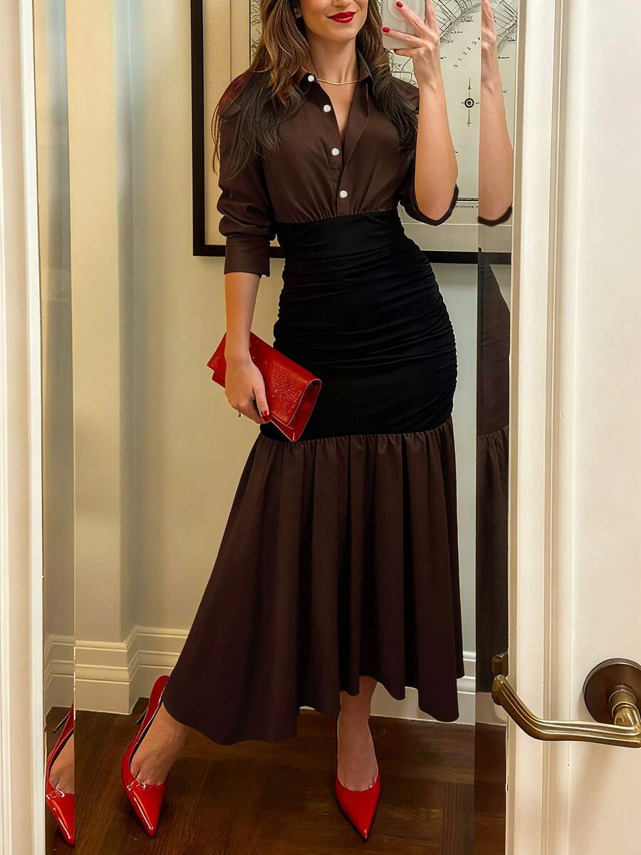 Solid Color Women's Casual Shirt Collar Patchwork Long Dress, Front Button Closure