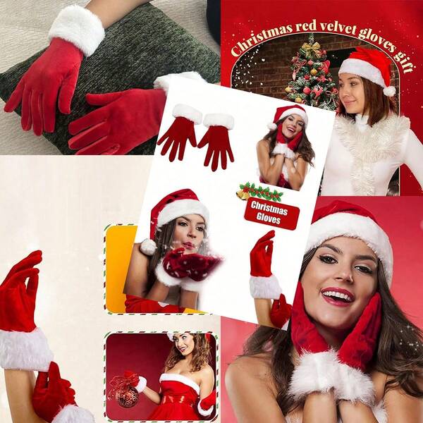 2 Paar weiße, mit Fell besetzte, kurze Samt-Weihnachtshandschuhe für Damen - Feiertags-Weihnachtsparty-Handschuhe mit rotem und weißem Samt und Kunstfell für Wärme. Perfekt für Hochzeiten, Valentinstag, Winterfeiern, Weihnachten und Partys.