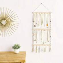 Wall-Mounted Jewelry Organizer - 30-Hook Beaded Hanging Basket With Fringe Design, Ideal For Necklace, Bracelet, Earring, Headband, And Bow Storage, Door-Hanging Jewelry Rack - 米色 - 查看 5