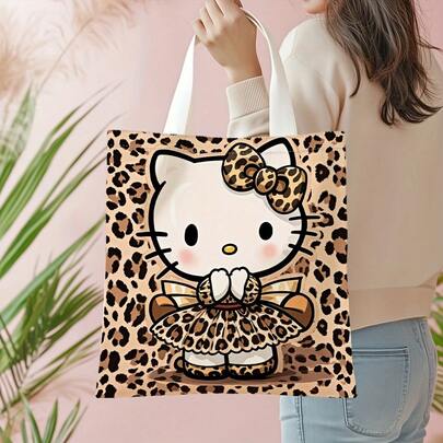 Leopard Print Tote Bag | Polyester, Large Capacity, Cute Cartoon Design With Bow & Leopard Print Dress, Perfect For Daily Use Or Travel, Casual Style, Hand Wash Only, Sturdy Handle Bag