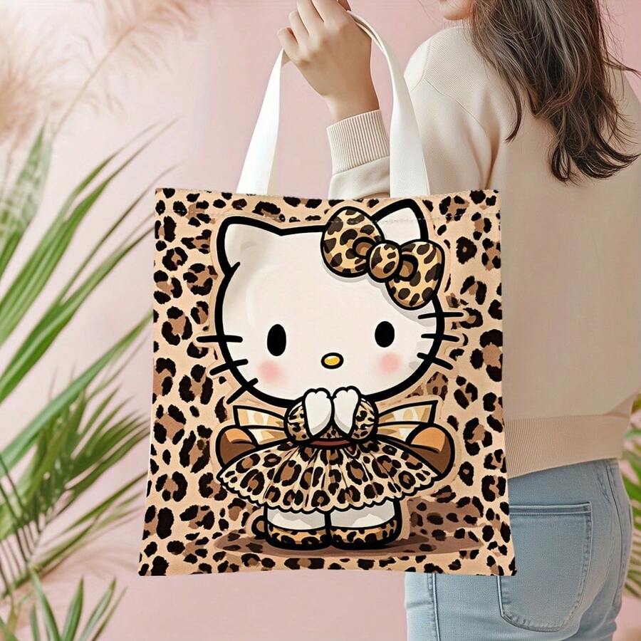 Leopard Print Tote Bag | Polyester, Large Capacity, Cute Cartoon Design With Bow & Leopard Print Dress, Perfect For Daily Use Or Travel, Casual Style, Hand Wash Only, Sturdy Handle Bag - Multicolor - View 1