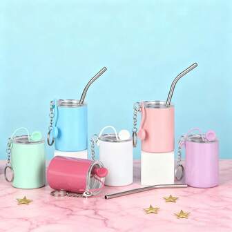 1PC-3oz (Approximately 90ml) Simple Style Stainless Steel Cup With A Keychain, A Straight Cup With A Lid And A Straw, A Portable Coffee Cup For Outdoor Travel, A Reusable Shot Glass, Suitable For Use In Outdoor Travel, Offices, Homes, And Parties