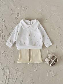2 件套女婴花卉刺绣彼得潘领长袖运动衫和荷叶边下摆裤子套装，春秋 - 白色 - 查看 7