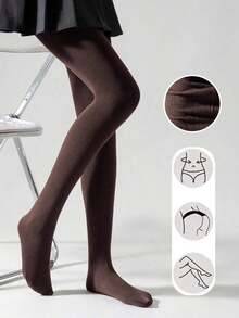 1 Pair Women's Wine Red Fleece Tights, Elastic Fitted Thin Fleecy Leggings For Autumn And Spring - 巧克力棕 - 查看 10