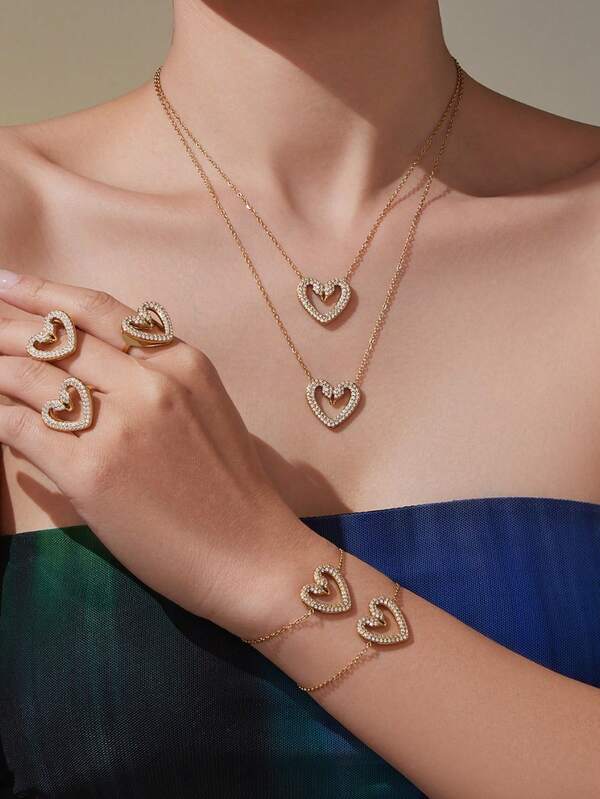 1 Set 18 Karat vergoldete Edelstahl Halskette mit Herzanhänger aus kubischem Zirkonia, Armband, Ring, Ohrringe, geeignet für den täglichen Gebrauch und als Geschenk, zum Valentinstag, Muttertag