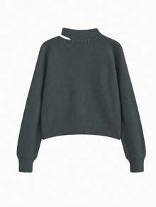 新款韩版不对称斜领灯笼袖宽松短款针织衫 - 灰色 - 查看 5