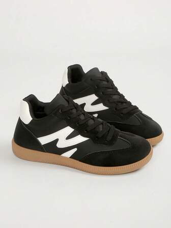 Women's Casual Sneakers, Multifunctional Fashion Flat Sports Casual Shoes, Non-Slip Lace-Up Round Toe Rubber Sole, Fashionable And Versatile For Daily Wear, Outing, Commuting, Black And White Splicing, Size 36-41, Sporty Lace-Up For Home