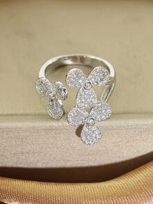 خاتم أنيق فاخر من الذهب/الفضة بتصميم البرسيم المرصع بالزركونيا، مناسب للنساء للاستخدام اليومي والأعمال والحفلات والزفاف والسفر وهدايا عيد الفطر وعيد الأضحى