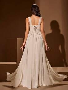 Elisanya Đầm dài không tay màu trơn cổ vuông, thêu họa tiết cầu kỳ, đính cườm và sequin dành cho nữ, thích hợp cho các dịp trang trọng, tiệc chiêu đãi, liên hoan, lễ đính hôn. - Màu be - Xem 3