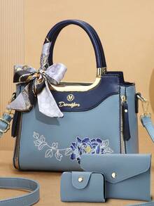 女士手提包三件套，优雅几何印花，人造革材质，包括手拿包和丝巾 - 藍色 - 查看 9