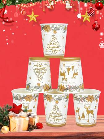 10 件/20 件/50 件白色和金色 Xams 树和驯鹿圣诞纸咖啡杯可爱圣诞鹿图案印花纸饮水杯冷热饮品家庭、商务餐厅和咖啡厅