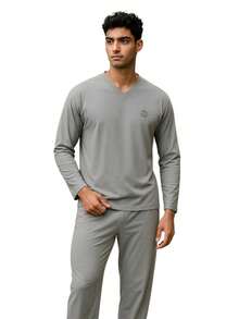 Pijama Masculino Manga Longa de Inverno com Calça Adulto em malha Lisa Premium - Cinza - Visão 2