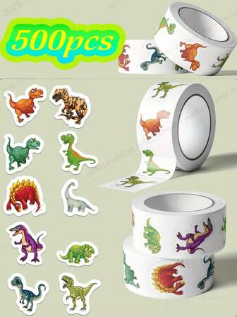 500pcs Dinosaur Stickers Roll, PVC Self-Adhesive Decals For Luggage, Skateboard, Guitar, Laptop, Scrapbooking, Journal, Phone Case, DIY Crafts, Mixed Color Asymmetrical Shapes, Single Use