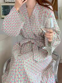 1pc Women's Robe - Minimalist European Style Long Sleeve Sleepwear, Cute Heart Pattern, Lightweight Fabric, Solid Color, Suitable For Spring, Autumn And Summer Home, Bedroom Casual Pajamas - Grid Little Heart - View 14