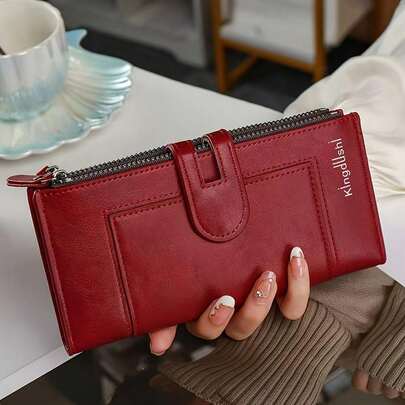 Double Zipper Classic Wallet, Solid Color Long Small Handbag, Minimalist Vintage Coin Purse Clutch Bag With Multi Card Slots