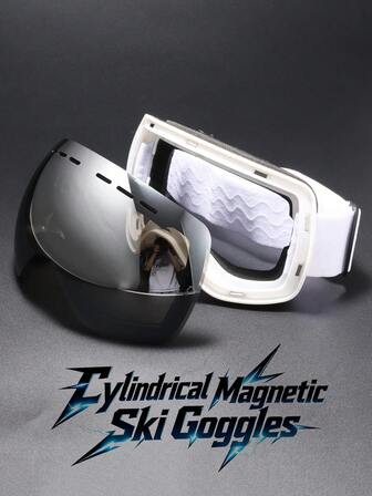 新款时尚无框圆柱形磁性滑雪镜，全脸真膜涂层双层防雾镜片，双层海绵防滑带，佩戴舒适，竞赛级单/双板滑雪镜框