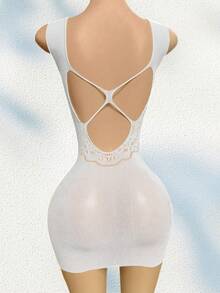 Váy ngủ mini hở lưng gợi cảm, đầm ôm sát bằng vải lưới jacquard xuyên thấu. - trắng - Xem 3