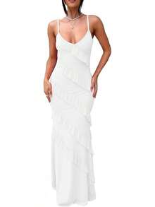 Women's Backless Bodycon Spaghetti Strap Elegant Ruffle Maxi Cocktail Party Dresses, 2025 QMO3 - 白色 - 查看 11