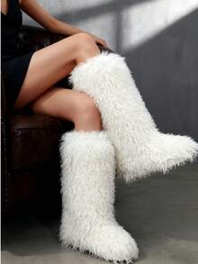 Women's Snow Boots Women's Furry Fur Boots Mid Calf Boots Fuzzy Fluffy Slip On Suede Warm Fur Lined Booties Christmas Halloween Fashion Comfortable Outfit Boots - 米色 - 查看 8