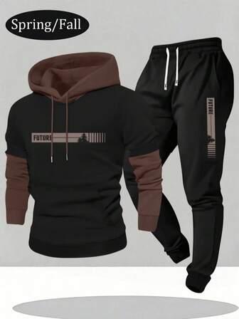 2-Piece Set: New Fall/Winter Men's Long-Sleeve FakeTwo Piecese Hoodie With Pockets, Letter Print Design, Elastic Waist Drawstring Pants - Casual Sportswear For Travel, Vacation, Fitness, Running, Couple Coordinates