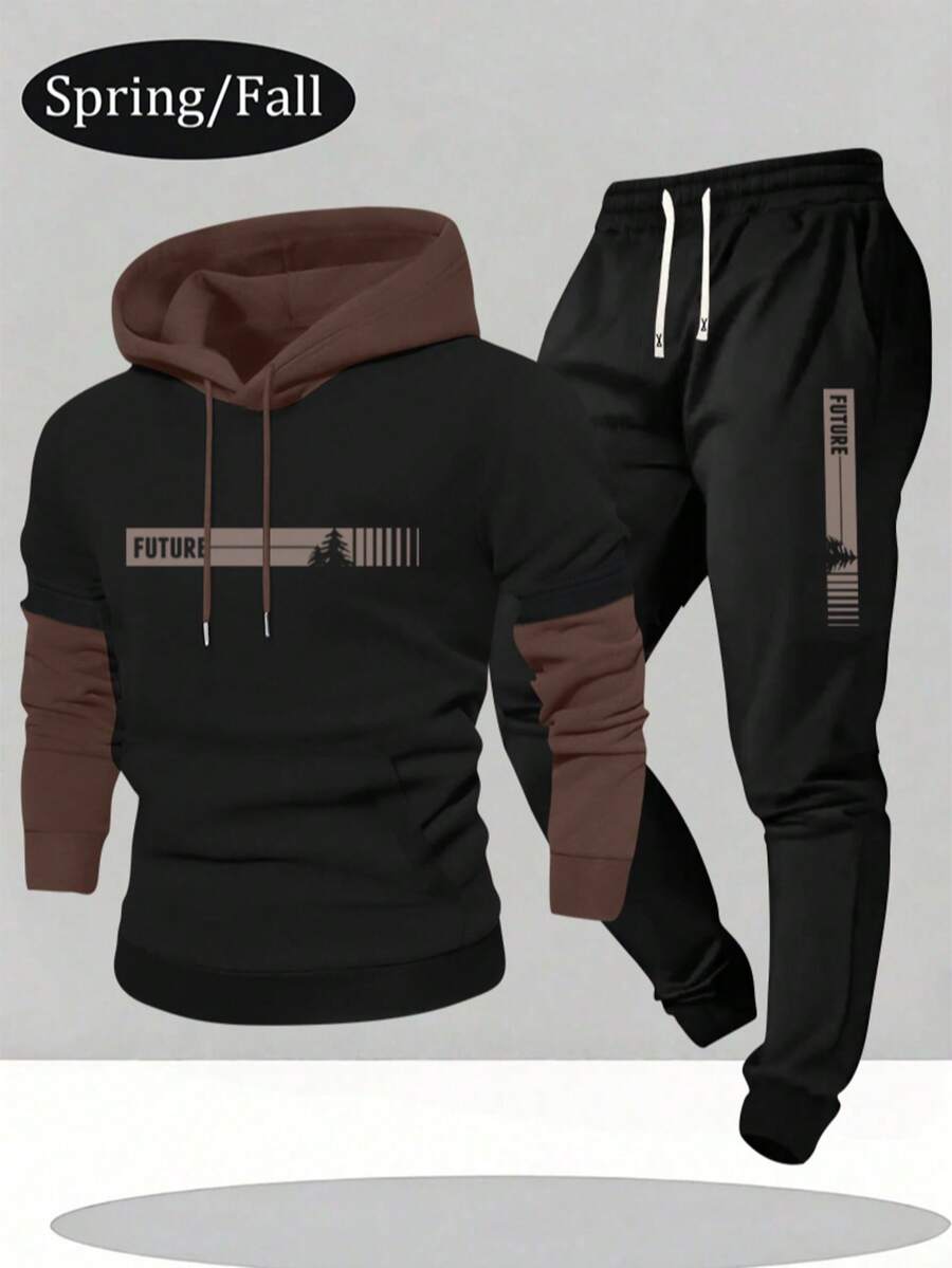 两件套：新款秋冬男士长袖假两件套连帽衫，带口袋，字母印花设计，松紧腰抽绳裤 - 休闲运动装，适合旅行、度假、健身、跑步、情侣装 - 彩色 - 查看 1