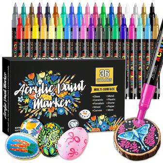 FLYSEA 36 Colors Acrylic Paint Markers, Super Fine Tip Acrylic Paint Pens, Suitable For Rock Painting, Canvas, Wood, Ceramic, Glass, Stone, Fabric, Crafts And Art Supplies