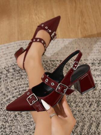 Zapatos de trabajo de tacón grueso con punta puntiaguda en color burdeos para mujer, con cierre deslizante y correa trasera, de piel patentada, bajo escote, planos para primavera/otoño, mocasines sin talón con hebilla, tacones altos