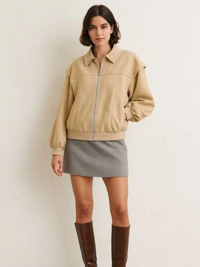 Damen Jacke mit Umlegekragen, durchgehendem Reißverschluss und Dropped Shoulder, einfarbig, für Herbst/Winter