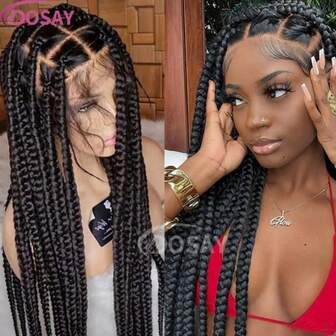 Peluca de trenzas de caja sin nudos con encaje frontal, peluca de trenzas de caja de encaje completo súper larga con cabello bebé, pelucas trenzadas sintéticas paras