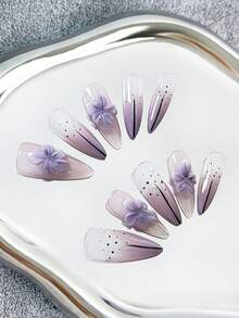 Uñas de stiletto estilo francés hechas a mano, uñas postizas. Puntas de uñas multicolor con degradado de ojo de gato, diseños florales tallados a mano, patrones 3D, uñas postizas de cobertura completa con brillo DIY, 10 piezas por paquete