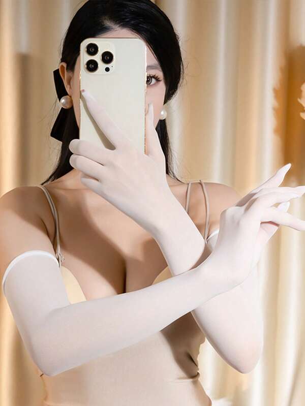 1 Pair Women's White Thin Breathable Comfortable Elegant Seamless Long Fingerless Gloves, Suitable For Summer Sun Protection, Travel, Halloween Party, Cosplay