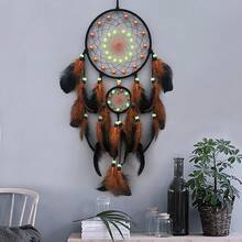 1pc Handmade Glow-In-The-Dark Dream Catcher, Luminous Wall Decor, Creative Fluorescent Bead Home Decoration, Christmas Ornament, Artificial Feather Hanging Accessory - Multicolor - View 9