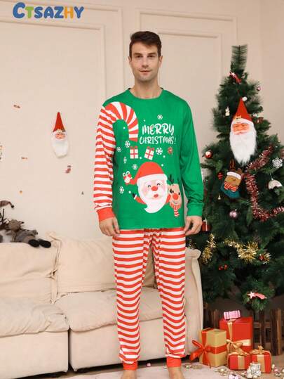 2 Peças Conjunto de Pijama de Natal Masculino, Design Fofo de Rena, Top de Gola Redonda de Manga Longa e Calça Listrada, Ajuste Confortável, Adequado para Outono/Inverno