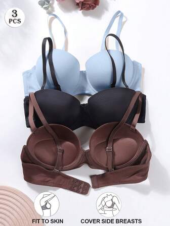 3件套女士纯色无钢圈文胸，带可拆卸肩带