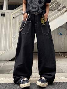 Justice Brother 1pc American Streetwear Brand Personalized Embroidered Men's Black Denim Jeans, All-Season Versatile Wide Leg Loose Long Pants (Belt/Accessories Not Included) - Black - View 5