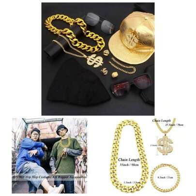 Men's 80s 90s Accessories Hip Hop Rapper Costume Kit Fake Gold Chain Fake Gold Chain Necklace Hip Hop Rapper Necklace Costume Jewelry