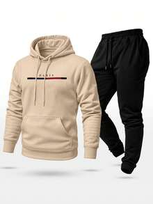 Unisex Paris Print Sweatshirt Set, Hoodie, Pants And Kangaroo Pocket Top - 卡其色 - 查看 2