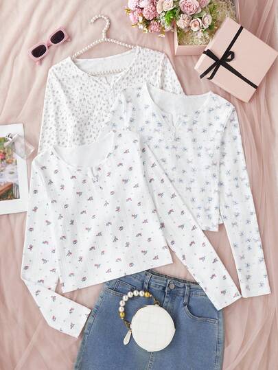 3pcs Women Floral Print Comfortable Casual Long Sleeve Tops, Fall & Winter Clothes