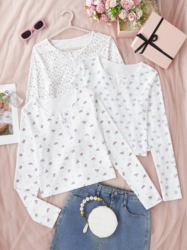 3pcs Women Floral Print Comfortable Casual Long Sleeve Tops