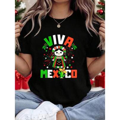 Camiseta "Viva México" para mujer con estampado tradicional de muñeca y cactus, colores de la bandera mexicana, camisetas gráficas de manga corta para el Cinco de Mayo, fiestas y celebraciones culturales, top informal de algodón de corte holgado.