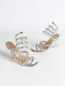 女士厚底水晶高跟凉鞋，方头水钻蛇形绑带，时尚露趾，夏秋基础款 - 銀色 - 查看 8