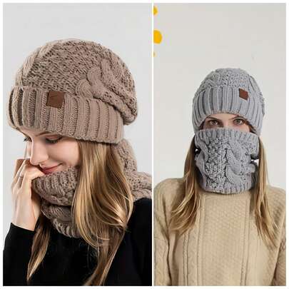 4-Color Winter Knitted Warm Hat & Scarf Set, Unisex Thermal Neck Warmer Earmuffs, Khaki/Pink/Gray/Black, Winter Warmth & Fashion Essentials