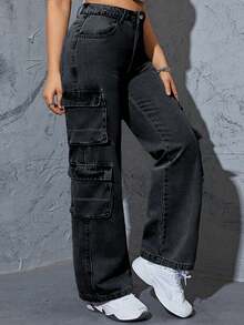 American Retro High Street Washed Workwear Jeans With Multiple Pockets For Men And Women, Loose Straight Leg Casual Pantsmujer Summer Outfits For Women Office Outfits For Women Boho Womens Clothing Pantalones Anchos De Mujer Pantalones Anchos De Mujer Classy Office Outfits For Women Boho Womens Clothing  Summer ,Country,Vintage Clothes Women,Low Rise Jean,Plus Size Women Clothes - 黑色 - 查看 3