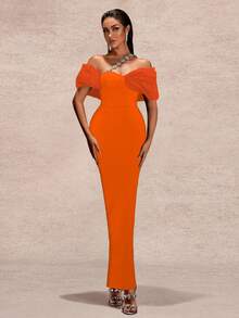 Stylish Women's Elegant Half Sleeve Rhinestone Asymmetrical Long Knitted Dress With Zipper For Party Other Wear